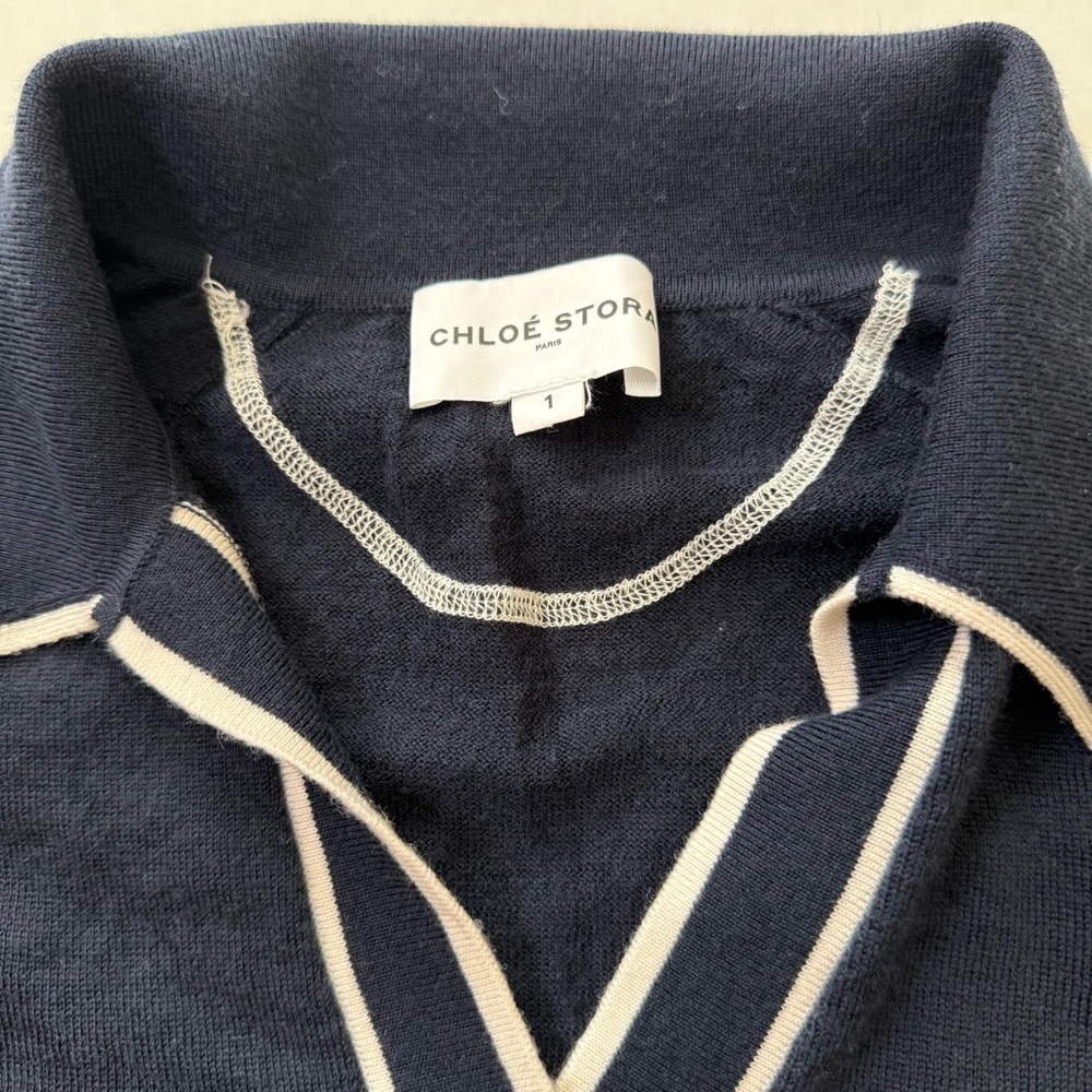 Chloe Stora Women’s Merino Wool V-Neck Collared Sweater Polo Navy and White - Picture 5 of 6